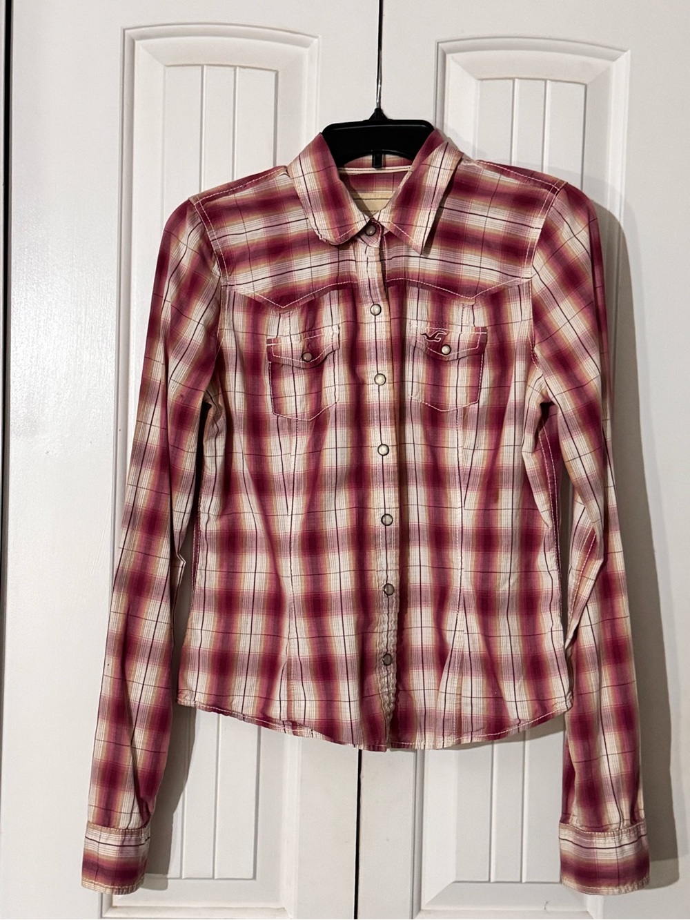 Hollister Y2K Plaid Western Pearl Snap Shirt – Size Large.
